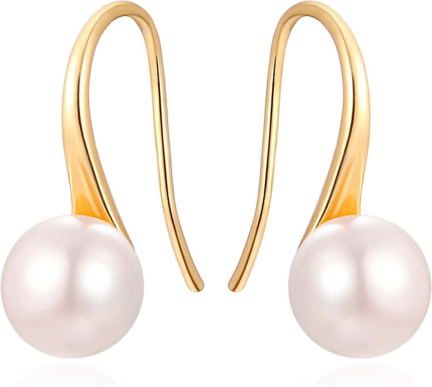 925 Sterling Silver Hoop Handpicked AAA+ Quality 7.5 - 8mm White Freshwater Cultured Pearl Dangle Drop Earrings Jewelry for Women Girls - 7DAY'S