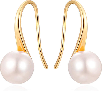 925 Sterling Silver Hoop Handpicked AAA+ Quality 7.5 - 8mm White Freshwater Cultured Pearl Dangle Drop Earrings Jewelry for Women Girls - 7DAY'S