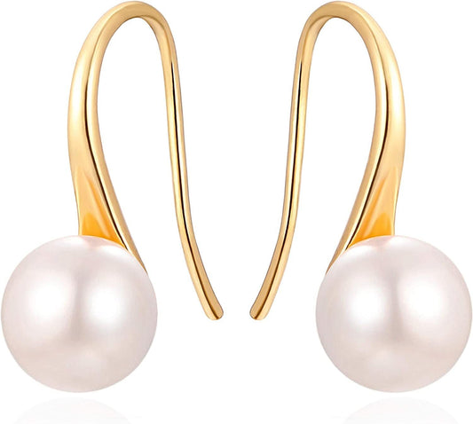 925 Sterling Silver Hoop Handpicked AAA+ Quality 7.5 - 8mm White Freshwater Cultured Pearl Dangle Drop Earrings Jewelry for Women Girls - 7DAY'S