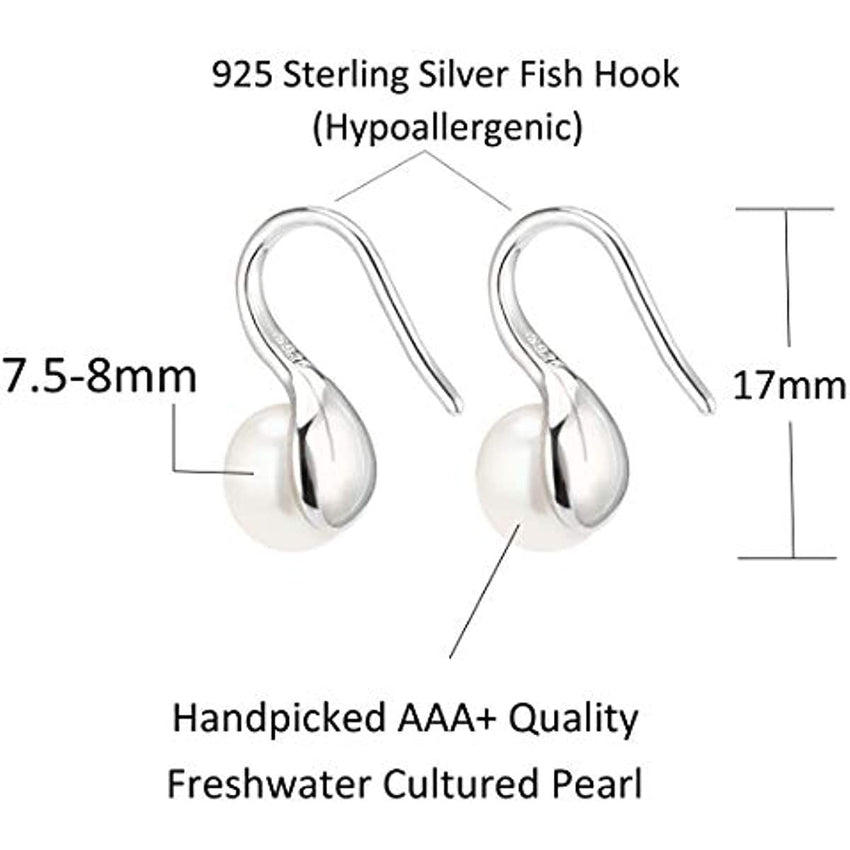 925 Sterling Silver Hoop Handpicked AAA+ Quality 7.5 - 8mm White Freshwater Cultured Pearl Dangle Drop Earrings Jewelry for Women Girls - 7DAY'S