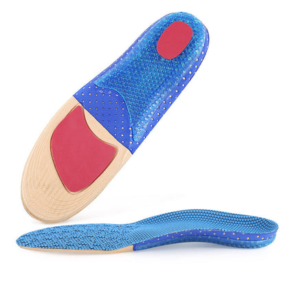 Blue gel insoles with red arch support for comfort and cushioning