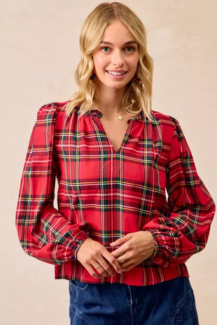 BiBi Christmas Plaid Balloon Sleeves Ruffled V-Neck Top