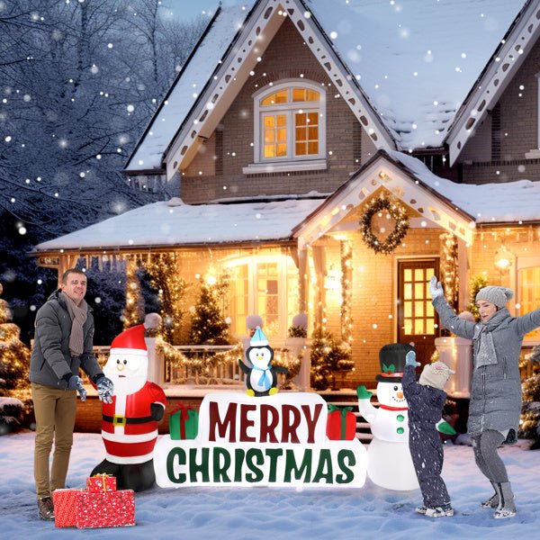 9.8 FT Lighted Christmas Inflatable Decoration, Inflatable Santa Claus and Snowman Holding Merry Christmas Sign, Funny Blow Up Yard Decorations with Built - in LED Lights for Holiday Party Front Yard - 7DAY'S