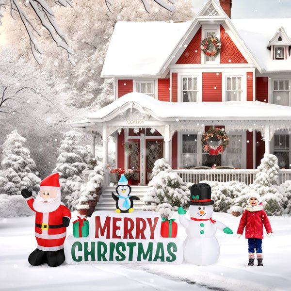 9.8 FT Lighted Christmas Inflatable Decoration, Inflatable Santa Claus and Snowman Holding Merry Christmas Sign, Funny Blow Up Yard Decorations with Built - in LED Lights for Holiday Party Front Yard - 7DAY'S