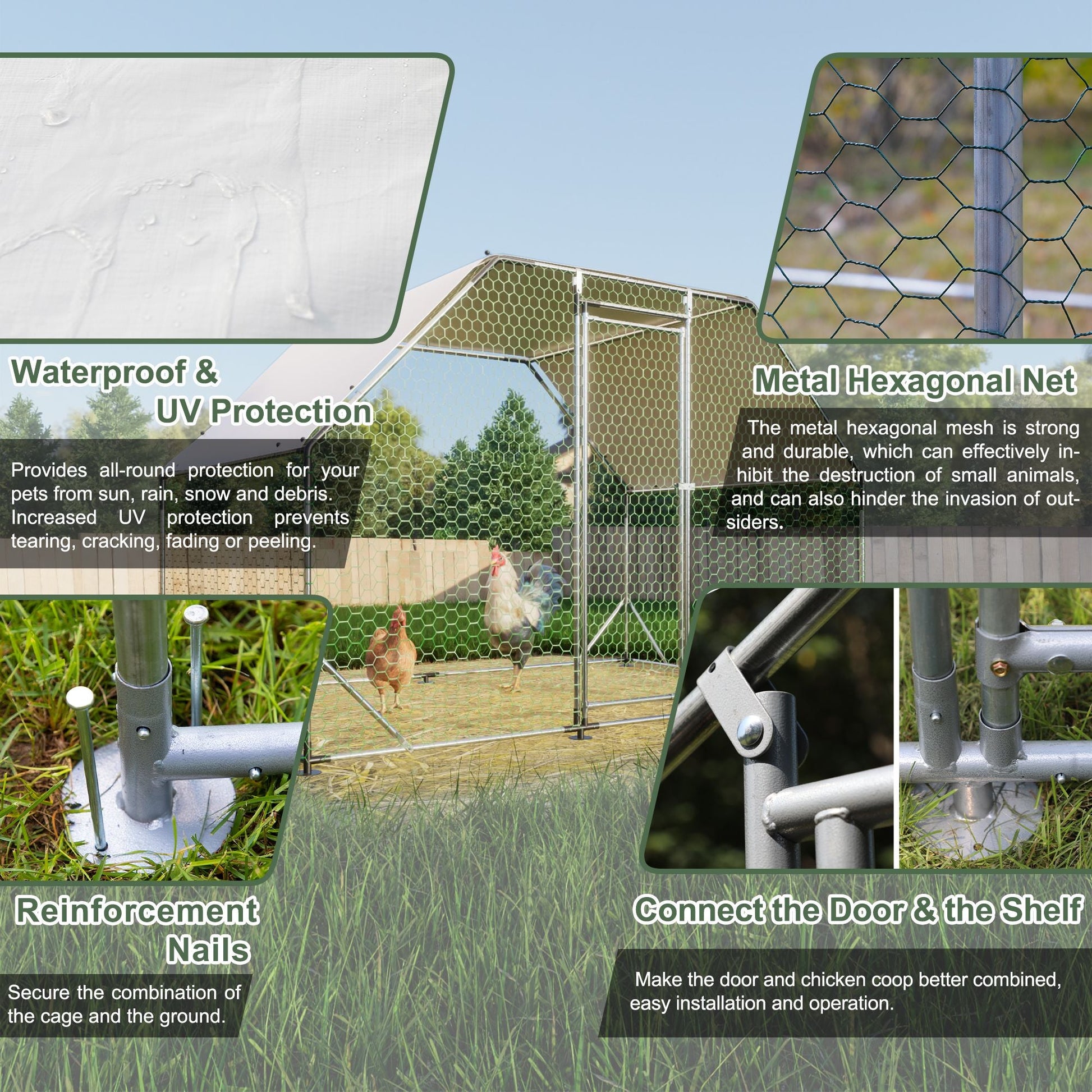 9.94 ft. x 6.46 ft. x 6.36 ft. Metal Large Chicken Coop Walk - in Poultry Cage Run Flat Shaped with Waterproof Cover - 7DAY'S