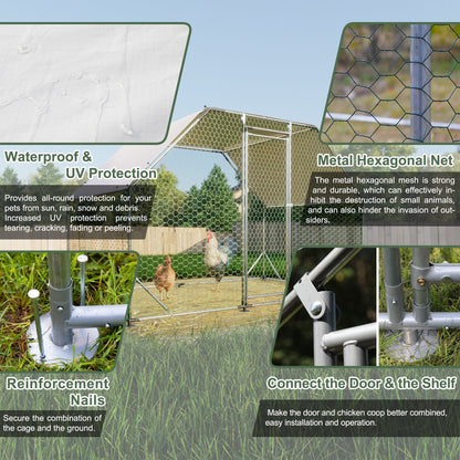 9.94 ft. x 6.46 ft. x 6.36 ft. Metal Large Chicken Coop Walk - in Poultry Cage Run Flat Shaped with Waterproof Cover - 7DAY'S