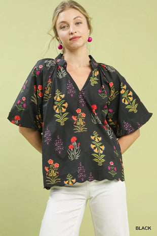 Umgee Floral Print Puff Sleeve Scallop Hem Blouse