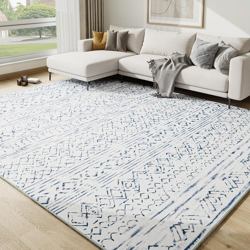 9x12 Area Rugs for Living Room - Non Slip Machine Washable Rug Modern Moroccan Boho Rug Super Soft Indoor Carpet Large Area Rug for Bedroom Dining Room Office Playroom, Blue - 7DAY'S