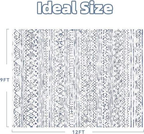 9x12 Area Rugs for Living Room - Non Slip Machine Washable Rug Modern Moroccan Boho Rug Super Soft Indoor Carpet Large Area Rug for Bedroom Dining Room Office Playroom, Blue - 7DAY'S