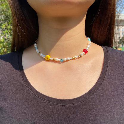 Natural Freshwater Pearl Fun Flirty Beaded Choker Necklace Handmade Summer Boho Jewlery Gifts for Women Teen