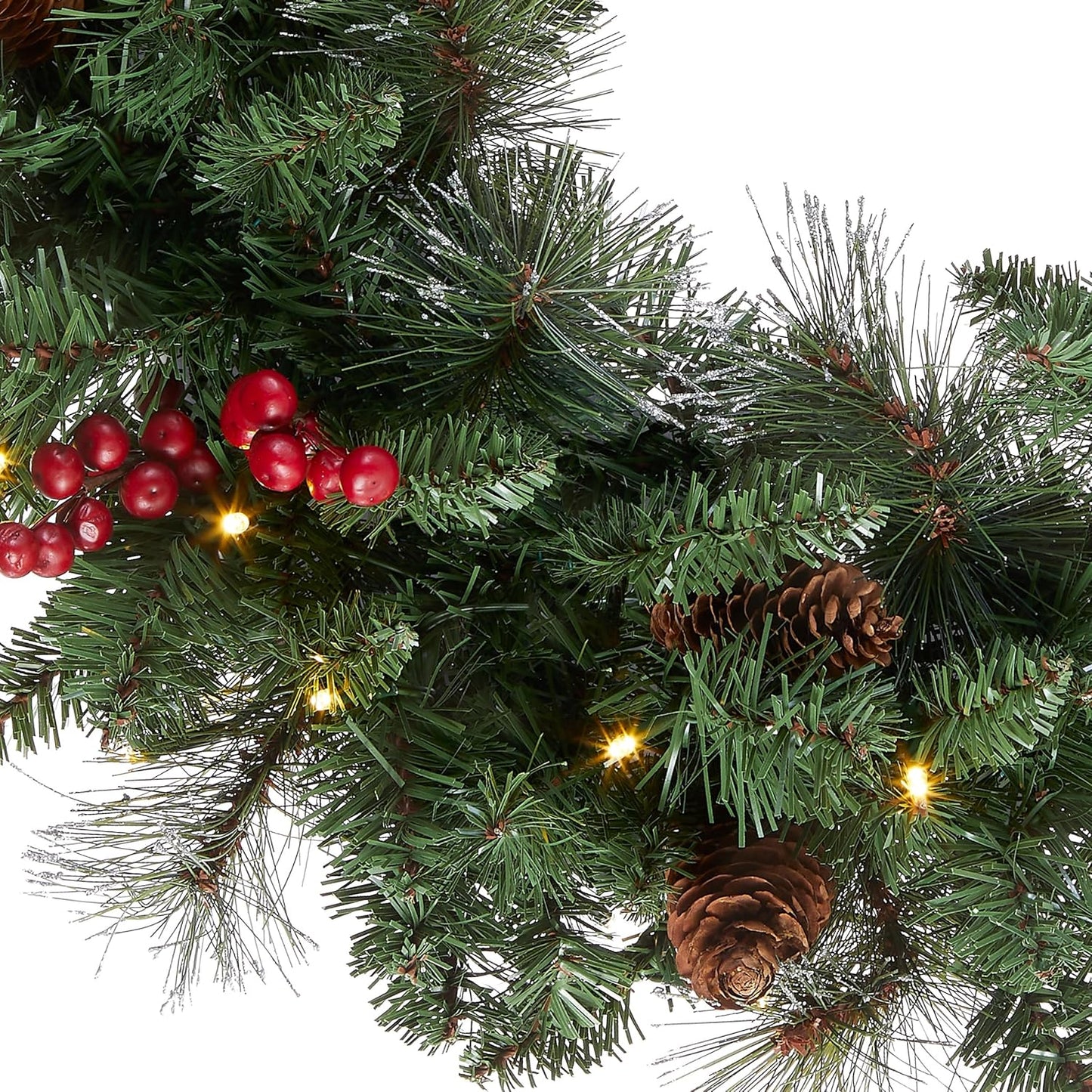 National Tree Company 24 in Pre-Lit Crestwood Spruce Artificial Christmas Wreath, Christmas Decoration with Glitter, Pinecones, Red Berries, 50 Clear LED Lights, 160 Tips, Timer, Green