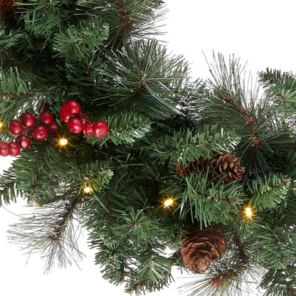 National Tree Company 24 in Pre-Lit Crestwood Spruce Artificial Christmas Wreath, Christmas Decoration with Glitter, Pinecones, Red Berries, 50 Clear LED Lights, 160 Tips, Timer, Green