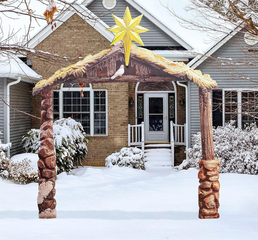 THREE KINGS GIFTS THE ORIGINAL GIFTS OF CHRISTMAS Holy Family and Angel Outdoor Nativity Bundled with Eighty One Inch Tall Stable