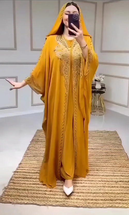 Beading Chiffon Maxi Dress Caftan Abaya Dubai Luxury Muslim Women Clothing Hijabs Femme Plus Size Hooded Long Dresses African