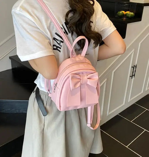 Cute Bowknot Backpack Women Fashion Small Shoulder Bag Simple Design Casual Versatile Travel Pack (Pink)