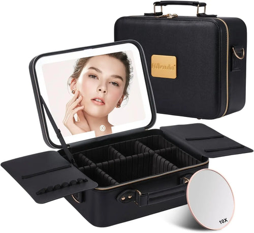 LED Lighted Travel Makeup Bag with 10x Magnifying Mirror, Adjustable Dividers & Portable Storage (Black Leather)