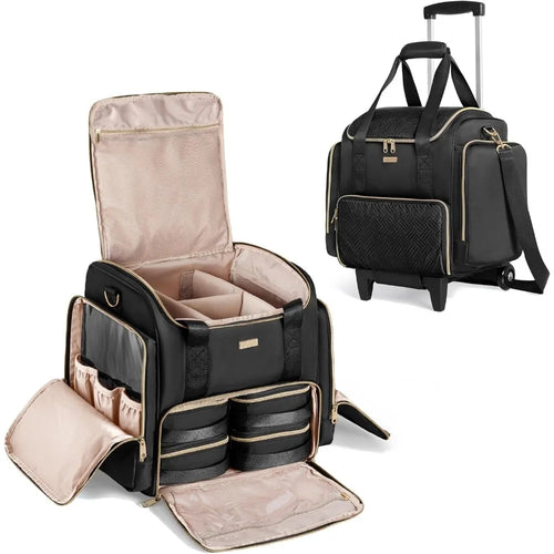 Professional Rolling Makeup Case with 4 Removable Bags, Wheels, and Brush Storage in Black Patent Design