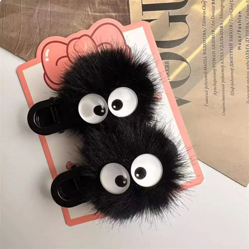 Cute Black Fuzzy Hair Clip for Women - Big Eyes Design, Adorable Hair Accessories for Girls, Daily & Party Wear