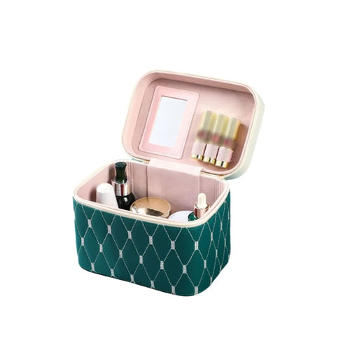 PU Leather Cosmetic Bag Waterproof Anti-crush Cosmetic Storage Box Large Capacity with Mirror Cosmetic Case Women