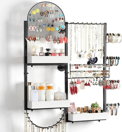 Wall Mount Jewelry Organizer - Large Holder for Earrings, Rings, Necklaces, Bracelets, Watches, Perfume - White