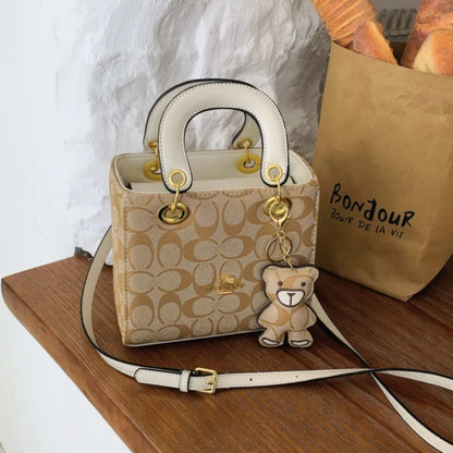 VZZS Monogram PU Tote Bag Crossbody Purse With Bear Charm For Everyday Use All Seasons