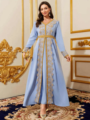 Middle Eastern Dubai Arab Women's Muslim Robe Lace Embroidered Floral V-Neck Gold Ribbon Ethnic Dress Ramadan Festival Performance Costume