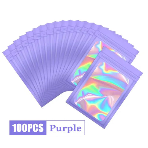 100Pcs Holographic Ziplock Bag Plastic Laser Iridescent Zip Bags for Manicure Eyelash Display Earrings Ring Jewelry Stoage Bags