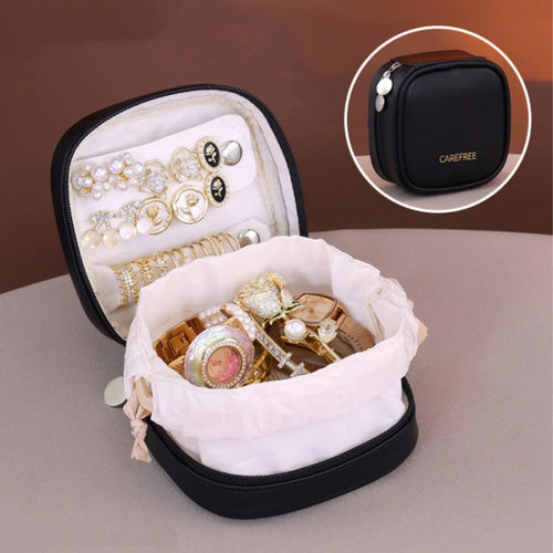 Portable Jewelry Box With Drawstring Bag Travel Necklace Bracelet Earrings Ring Storage Pouches Pu Leather Jewelry Organizer Bag
