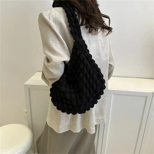 Wrinkled design embroidered plaid shoulder bag underarm bag simple large capacity quilted tote bag for women