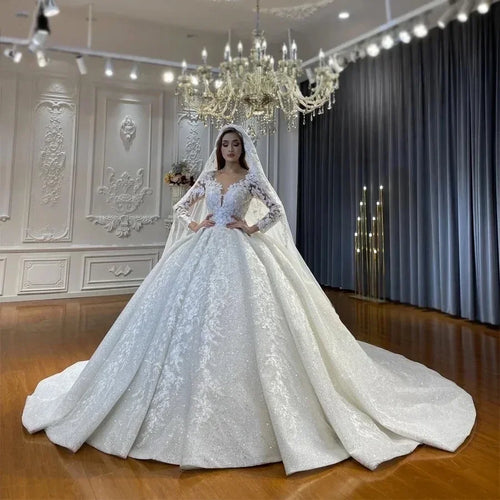Flavinke Customized Beading Muslim Wedding Dresses Long sleeve O Neck Wedding Gown Mariage Lace Bride Dress Vestidos De Novia