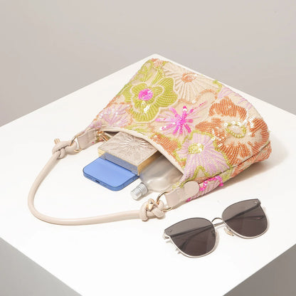 Women's Sequin Embroidered Shoulder Bag Floral Pattern For Evening Events And Weddings
