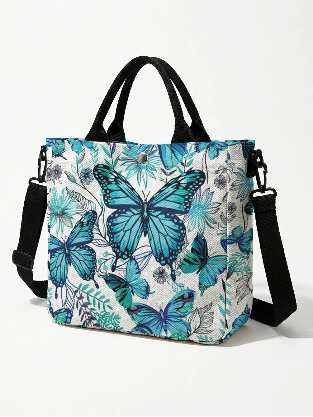 Teal Blue Butterfly Floral Tote Bag Detachable Strap Crossbody For Women Daily Shopping