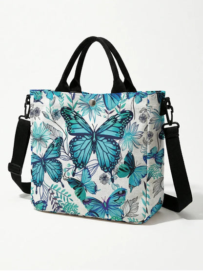 Teal Blue Butterfly Floral Tote Bag Detachable Strap Crossbody For Women Daily Shopping