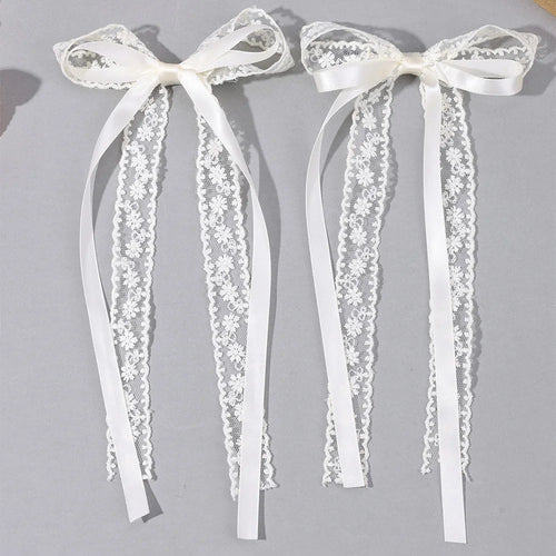 2Pcs White Lace Bow Hair Clips Flower Embroidery Long Ribbon Hairpins Sweet Floral Barrette Girls Children Headwear Accessories
