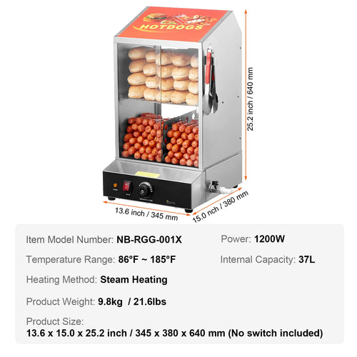 SucceBuy 36L 2-Tier Hot Dog Steamer Hot Dog Hut Steamer 86℉~185℉ Temperature Control, Electric Bun Warmer for Hot Dogs & Buns