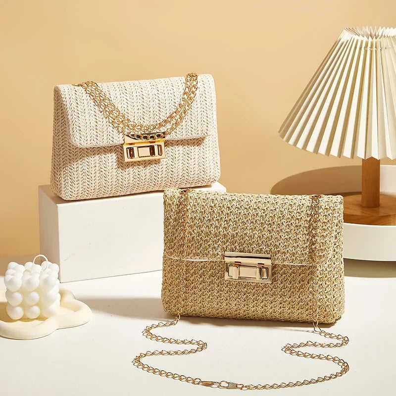 Yogodlns Knitted Straw Crossbody Bag For Women With Chain Strap Day To Night - Versatile Day To Night Use