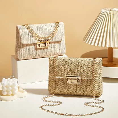 Yogodlns Knitted Straw Crossbody Bag For Women With Chain Strap Day To Night - Versatile Day To Night Use