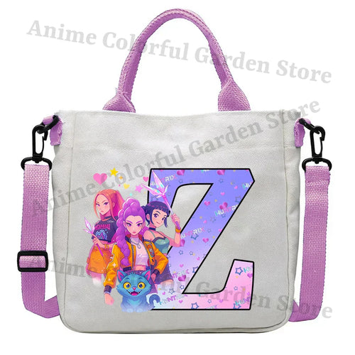 KPop Demon Hunters Canvas Shoulder Bag for Boys Girls Cartoon Letter Printed Crossbody Pouch Students Portable Fashion Handbag