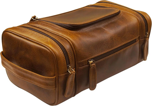 Genuine Leather Travel Toiletry Bag for Men - Waterproof Hanging Organizer with Hook, Extra Large Capacity
