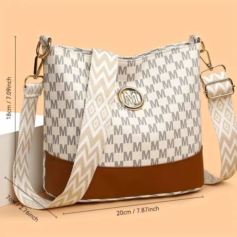 Women's Crossbody Bag With M Badge Multi Pocket Design Adjustable Shoulder Strap