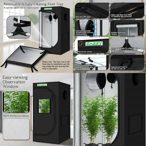 24x24x48 600D Mylar Indoor Hydroponic Grow Tent with Window, Tool Bag, and Removable Floor Tray