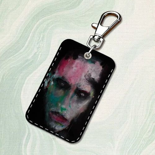 Singer M-Marilyn M-Manson Rectangle Card Case Keychain Access Card Bag Key Tag Ring Leather Card Holder Key Ring Access
