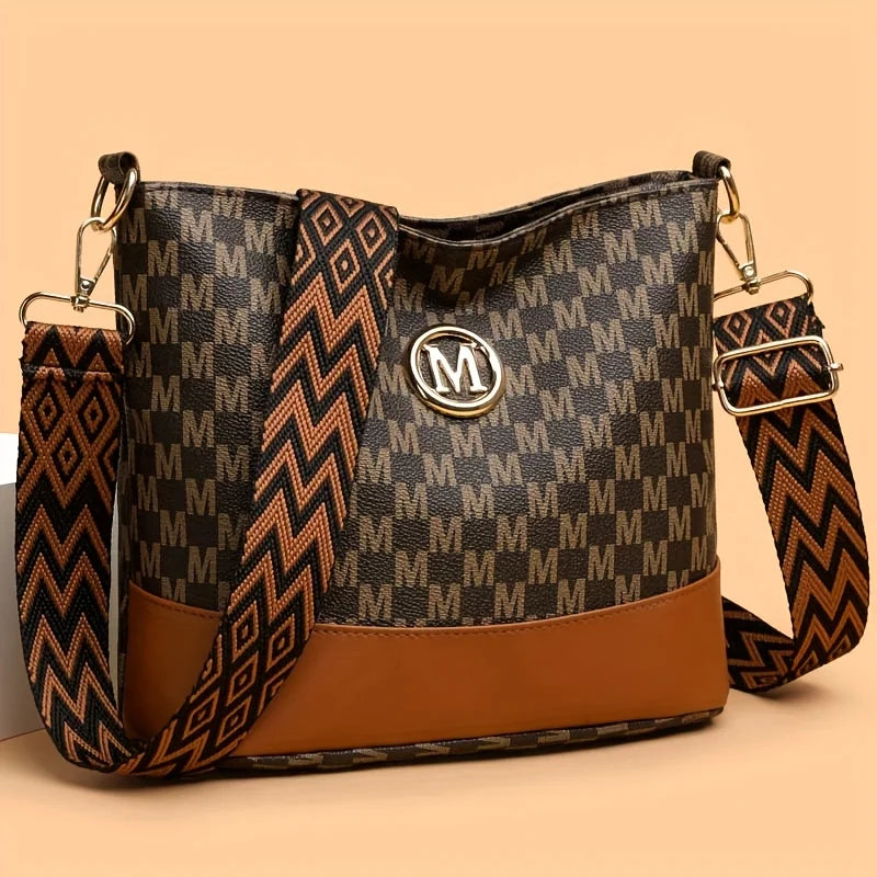 Women's Crossbody Bag With M Badge Multi Pocket Design Adjustable Shoulder Strap