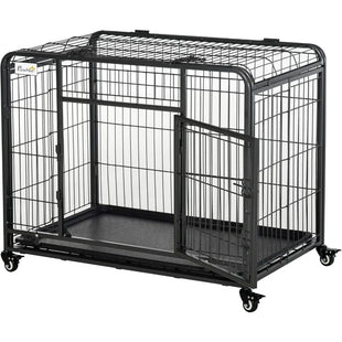 Duty Metal Dog Cage Crate & Kennel with Removable Tray and Cover, & 4 Locking Wheels, Indoor/Outdoor 37"