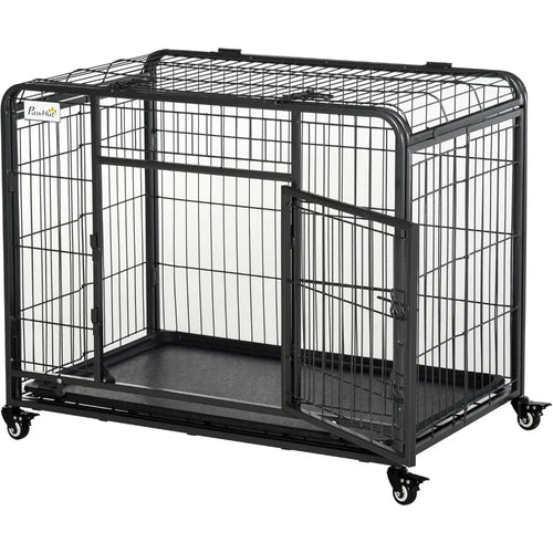 Duty Metal Dog Cage Crate & Kennel with Removable Tray and Cover, & 4 Locking Wheels, Indoor/Outdoor 37"
