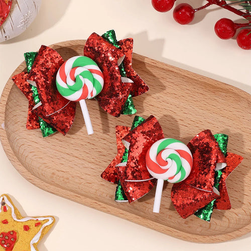 2Pcs Christmas Lollipop Bow Hair Clips For Girls Cute Sparkly Sequins Candy Hairpins Children Xmas Party Headwear Accessories