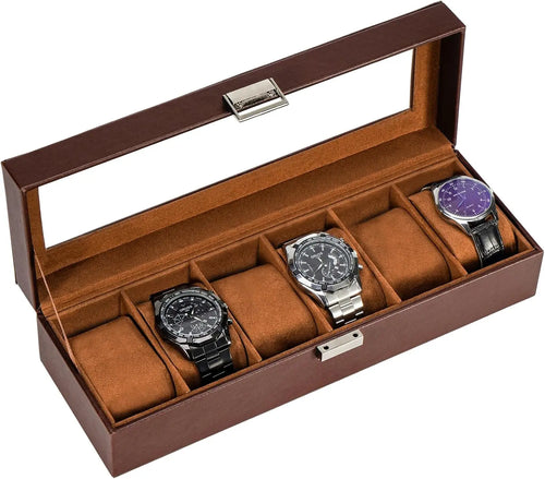 6-Slot Watch Box with Glass Lid, Espresso - Watch Storage Organizer for Men & Women, Gift Idea for Birthday, Anniversary, Christ