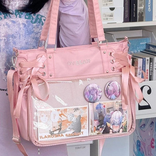 College Style Crossbody Bag with Ribbon Large Capacity for Class Book Carrying Mailman Bag Girls Bow JK Shoulder Ita Bag Handbag