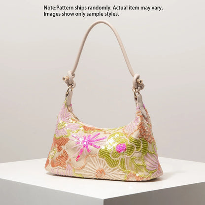 Women's Sequin Embroidered Shoulder Bag Floral Pattern For Evening Events And Weddings