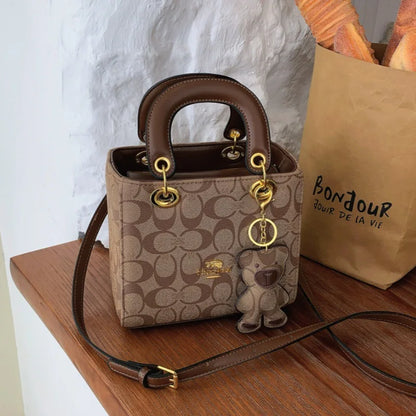 VZZS Monogram PU Tote Bag Crossbody Purse With Bear Charm For Everyday Use All Seasons